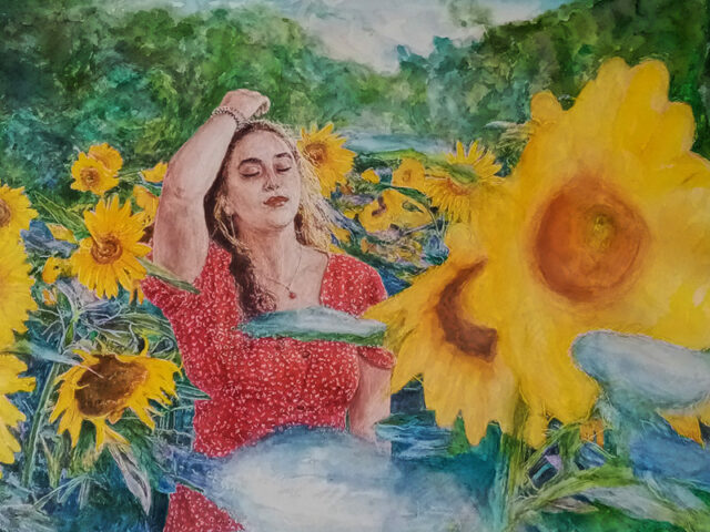 Commande Aquarelle portrait femme dans un champ de tournesols 30-43cm Portraitiste Patrick Salducci Marseille