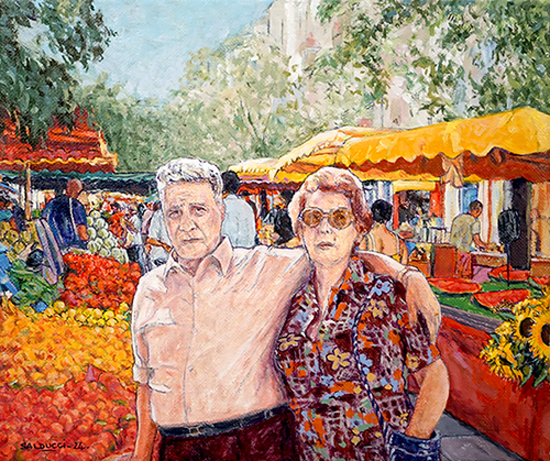 Portraits couple marché provençal huile sur toile par patrick salducci