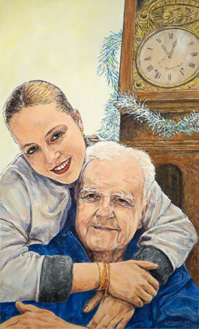 portrait aquarelle grand-père avec sa petite fille par Patrick Salducci Artiste peintre portraitiste portrait